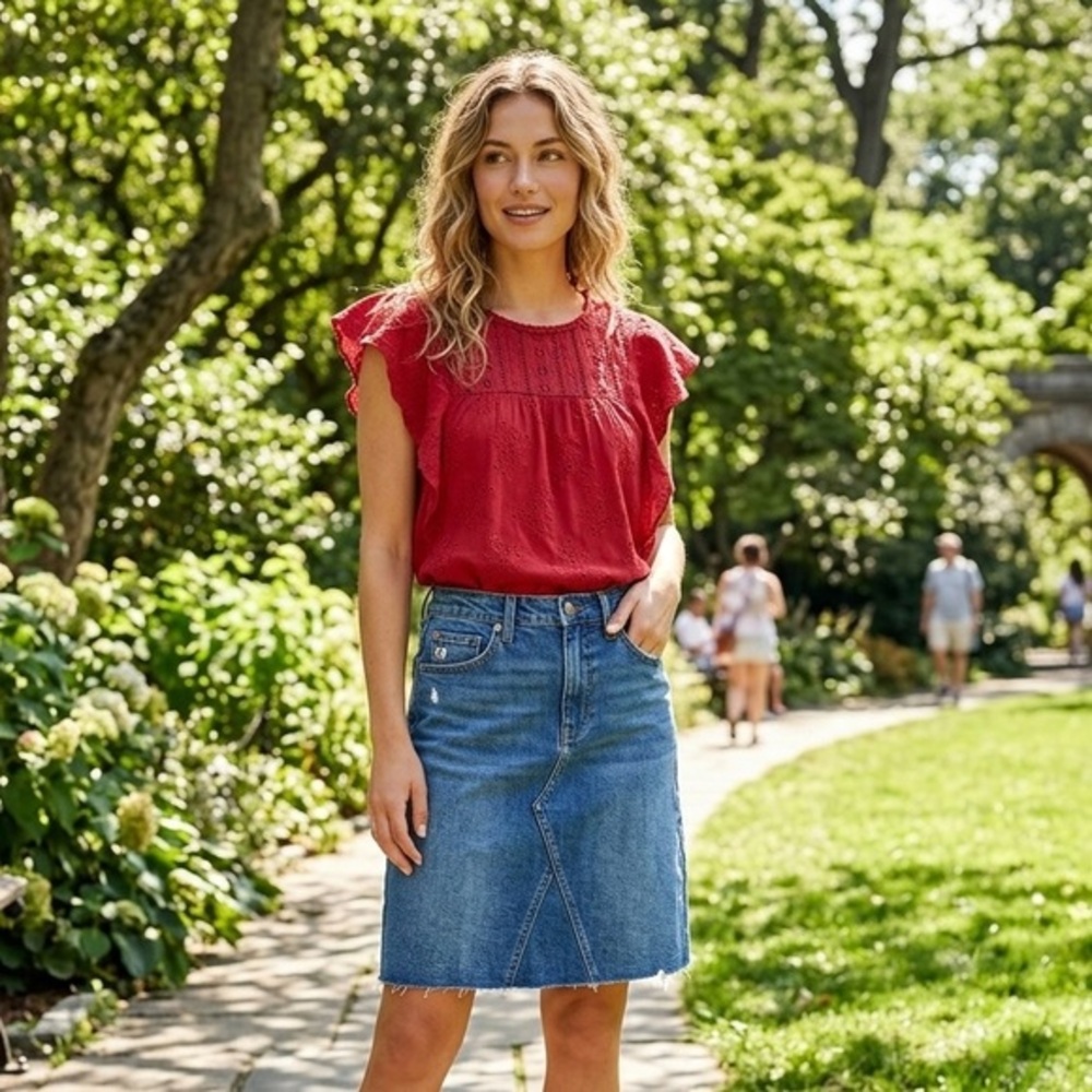 Boho Chic Eyelet Lace Flutter Sleeve Peasant Top - Ruby‎ Red - Size S